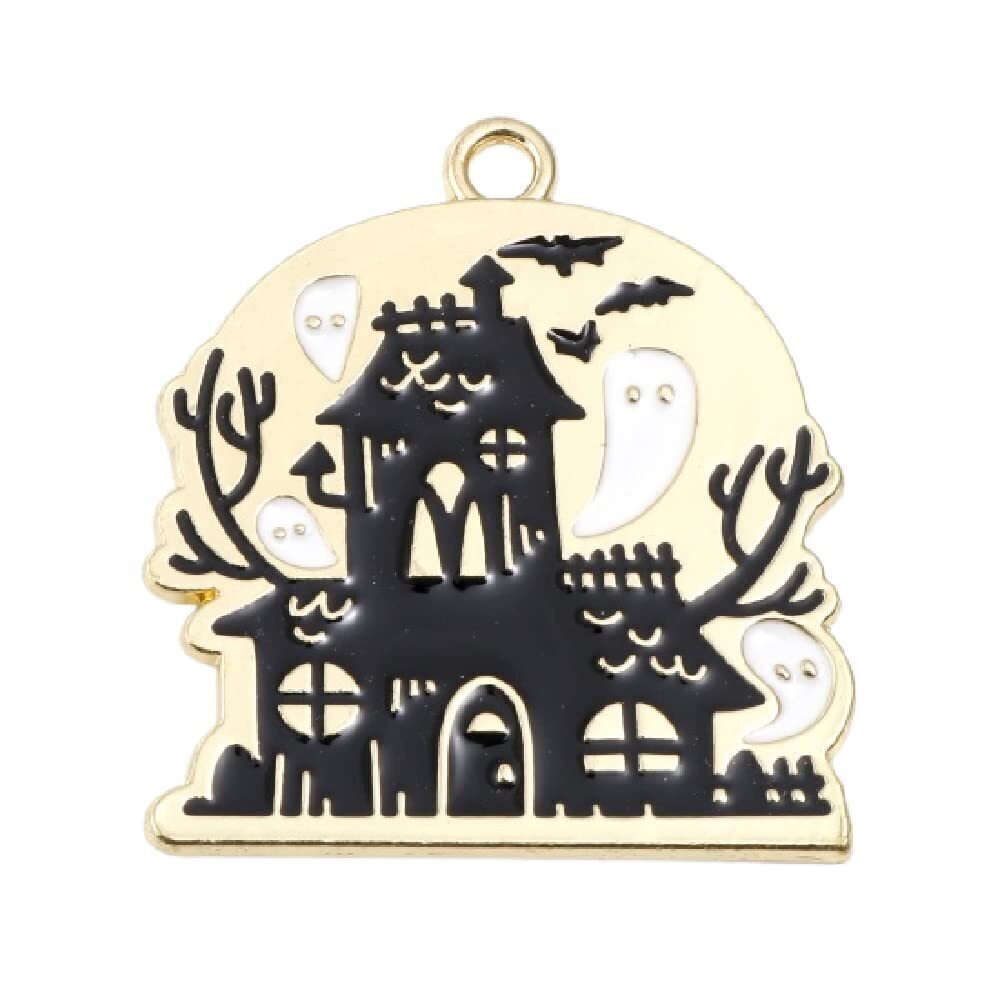 1175 5PC Gold-Plated Halloween Alloy Enamel Haunted House Charms Pendants